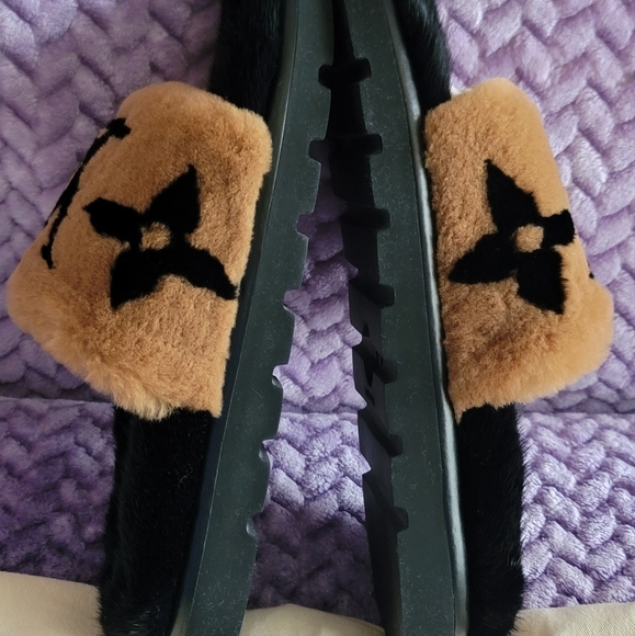 LOUIS VUITTON AUTHENTIC BLACK BROWN MINK LEATHER MULE MONOGRAM EMBOSSED 10 US 40 - Picture 15 of 17